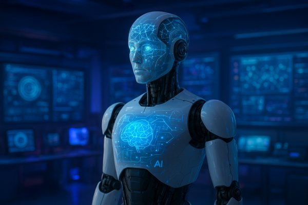 Humanoid robot dengan overlay AI holographic, konsep Gemini Robotics DeepMind
